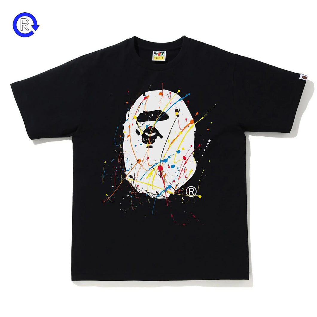 Bape Black Multi Camo Splatter Ape Head Tee